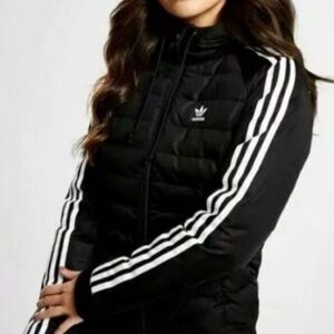 Adidas Women's Black Puf Jacket with White Stripes